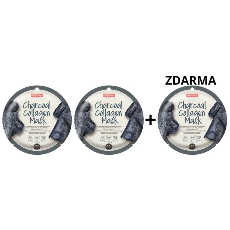 Purederm Pleťová buničitá maska s aktivním uhlím a kolagenem  AKCE 2+1 ZDARMA, 3 ks