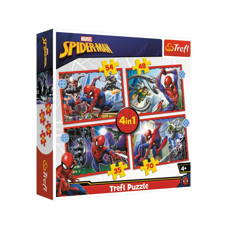 Puzzle 4v1 Hrdinský Spider-Man Trefl Puzzle, bezpečné a rozvíja logické myslenie