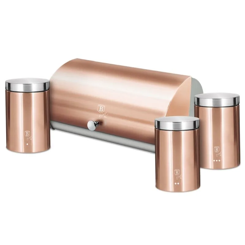 BERLINGERHAUS Stainless steel bread bin with a set of 3 Rosegold Metallic Line storage containers