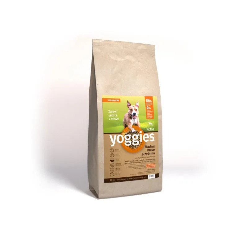 15 kg Yoggies Active Kachní maso&zvěřina, granule lisované za studena s probiotiky