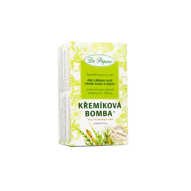 KŘEMÍKOVÁ BOMBA - PRO ZÁŘIVOU PLEŤ, PEVNÉ VLASY A NEHTY - bylinná směs - porcovaný čaj 20 x 1,5 g DR. POPOV