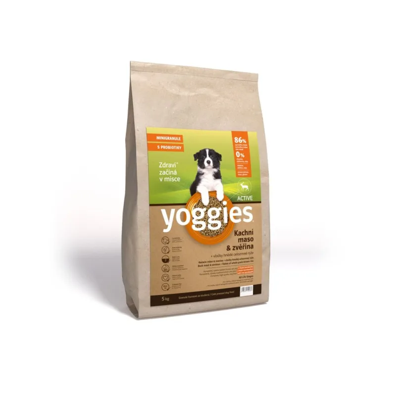 Yoggies MINIGRANULE pro psy lisované za studena s probiotiky, Active kachna a zvěřina 5 kg