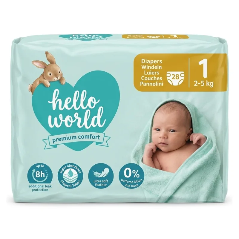 Hello World Premium Comfort dětské pleny Newborn 1 (2-5 kg), 28 ks  - originál z Německa