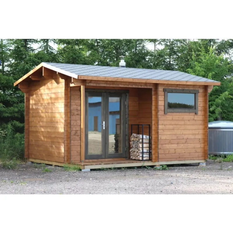 Venkovní finská sauna Molde Mirror, tři místnosti, teráska, 4,2x3,3m, smrk