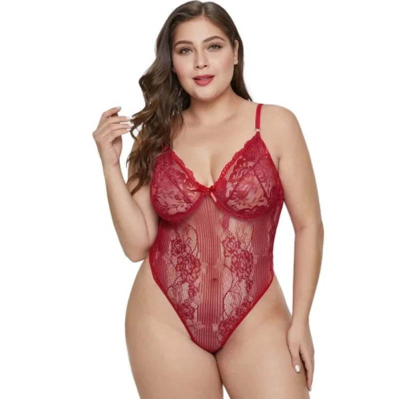 Dámské Body Red Sweet Floral Plus Size Teddy Lingerie