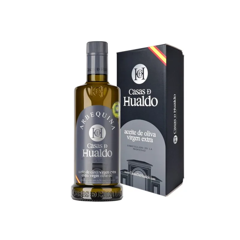 Casas de Hualdo Arbequina 500 ml – prémiový extra panenský olivový olej v dárkové kazetě  Prémiový extra panenský olivový olej v dárkové kazetě