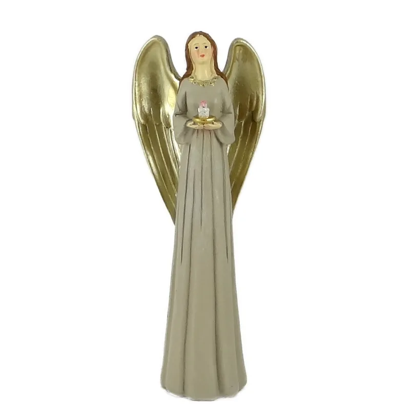 Anděl v šedých šatech se zlatými křídly a svící 19 cm – krásná dekorac