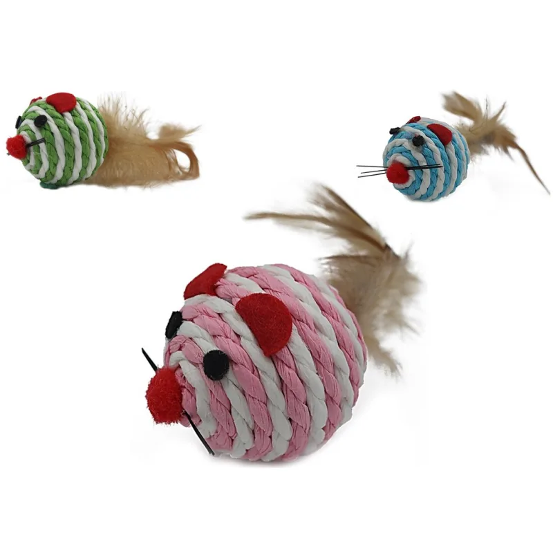 UNIQ PETS myš pro kočky z přírodního lana s peřím 7cm