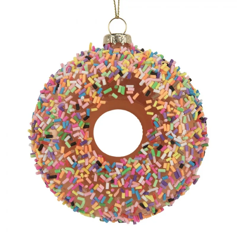 Skleněná vánoční ozdoba kobliha / donut s duhovou posypkou – 9x4 cm