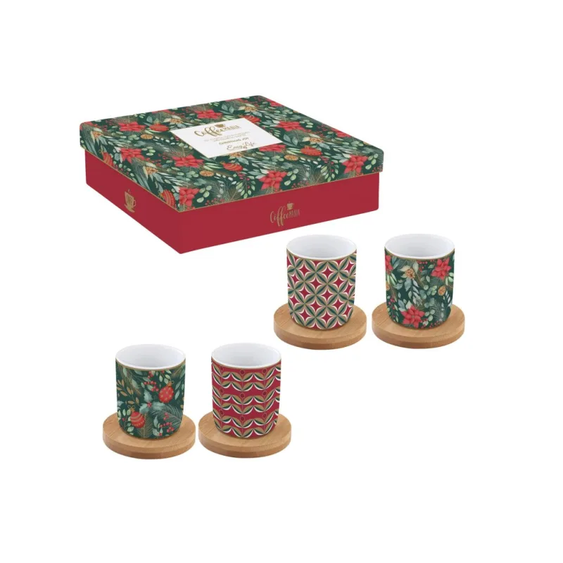 Easy life Christmas joy Porcelánové pohárky s bambusovými podšálky 4 x 100 ml