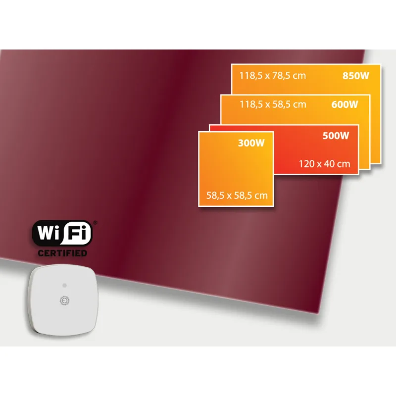 ECOSUN 500 GS-WiFi Wine Red, skleněný infrapanel s WiFi 500W