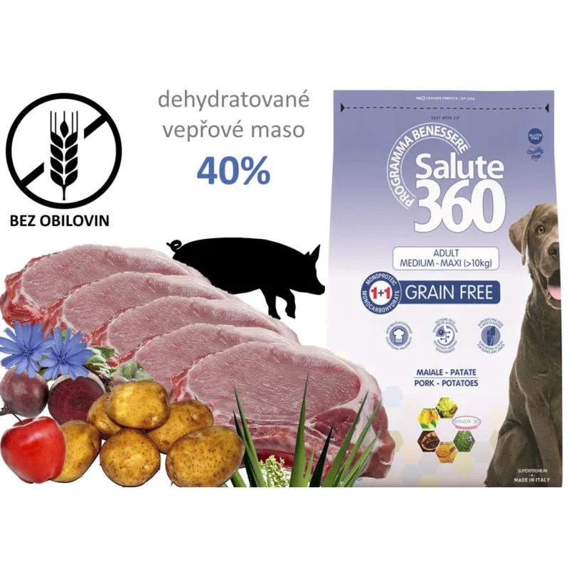 SALUTE monoprotein pes Grain Free (bez obilovin) – vepřové 12kg