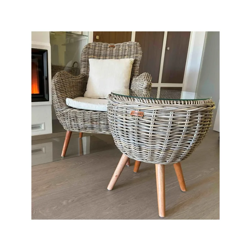 Odkládací ratanový stolek se skleněnou deskou, 52 cm