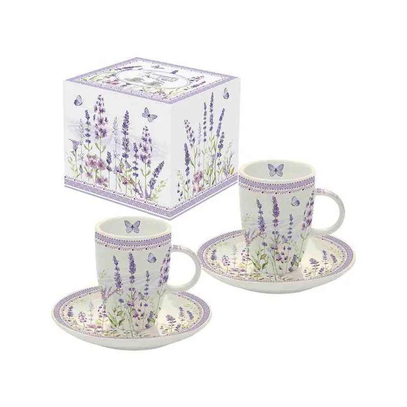 Easy Life Sada porcelánových hrnků s podšálkem Lavender Field 2x50 ml