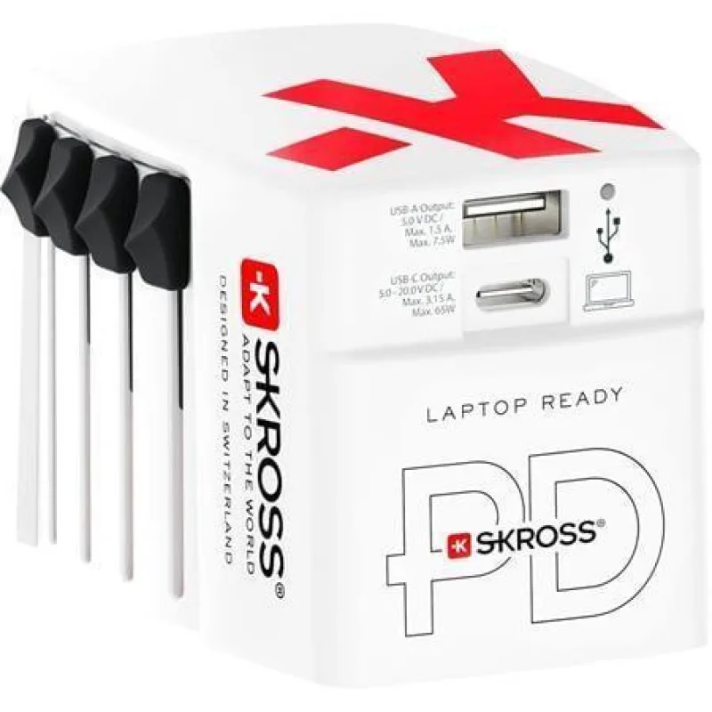 Cestovní adaptér, bílá, 1x USB-A / 1x USB-C PD, 65W, kabel USB-C, SKROSS 1.302333