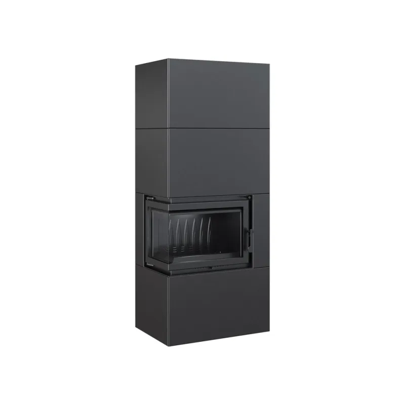 Kratki Simple 8 Box  liatinová krbová vložka, oceľové opláštenie čierne, ľavé rohové presklenie, ohnisko liatina