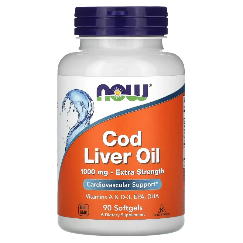 NOW Cod Liver Oil (olej z tresčích jater), Extra Strength, 1,000 mg, 90 softgel kapslí