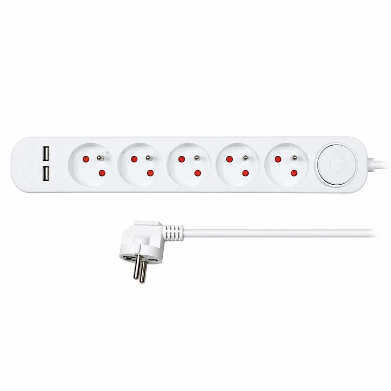 Prodlužka 3m, 5 zásuvek, USB 2.4A, 3 x 1mm2, vypínač, bílá