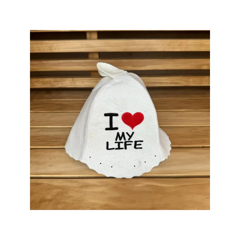 Klobouk do sauny s výšivkou I LOVE my life, 100% vlna