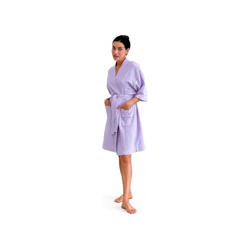 Dámský mušelínový župan v kimono střihu, levandulové, 100% bavlna