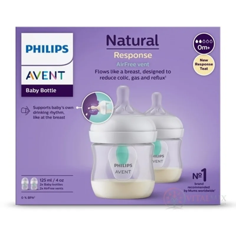 AVENT Fľaša natural response 125 ml priehľadná cumlík s ventilom airfree 0m+ 2 ks