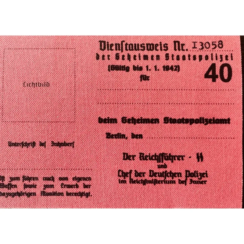 Průkaz k německé ID známce Gestapo s číslem