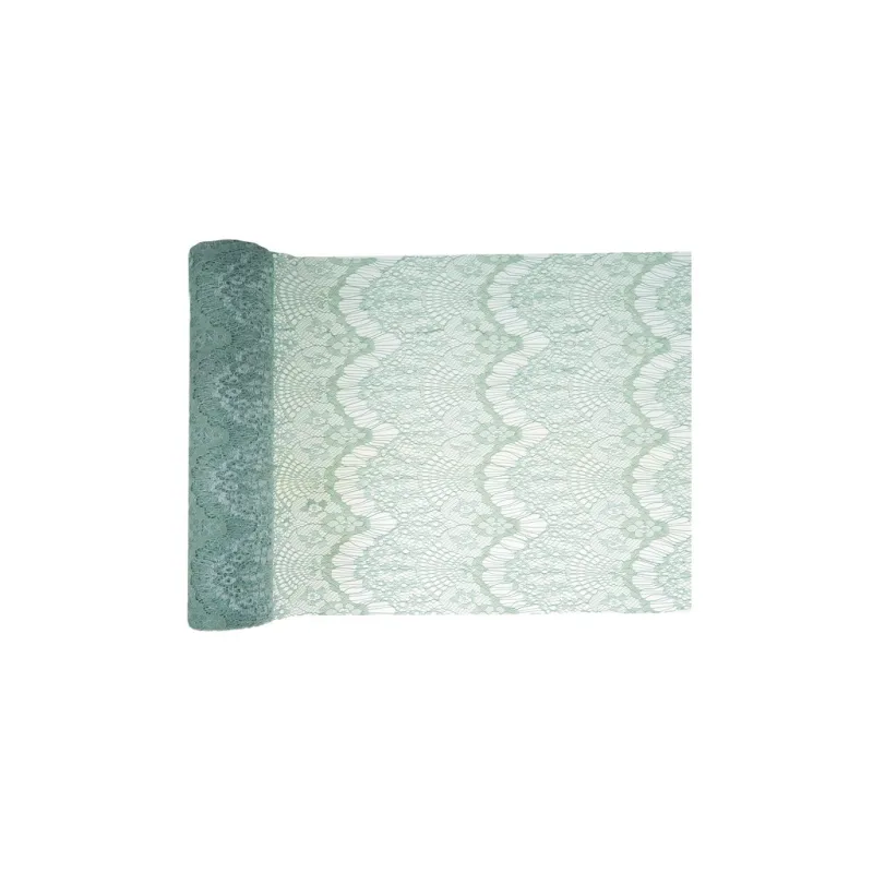 Boho krajková šerpa světle starozelená 30 cm x 3 m - šerpa na slavnostní svatební stůl