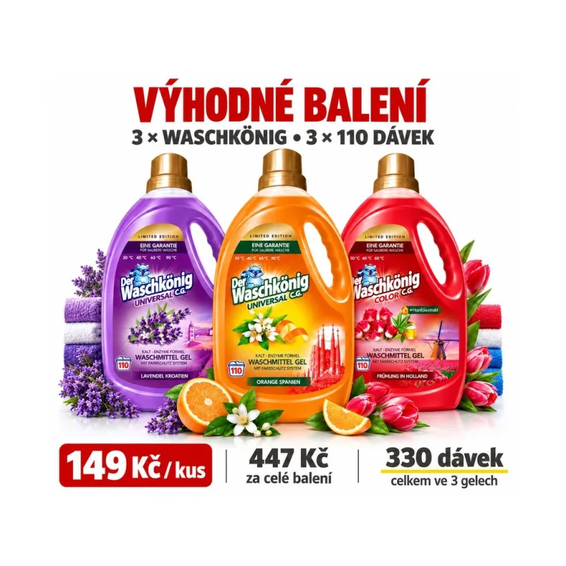 Waschkönig mix 3 limitovaných pracích gelů 3 × 3,305 l, 330 dávek – VÝHODNÉ BALENÍ  - mix 3 limitovaných edic