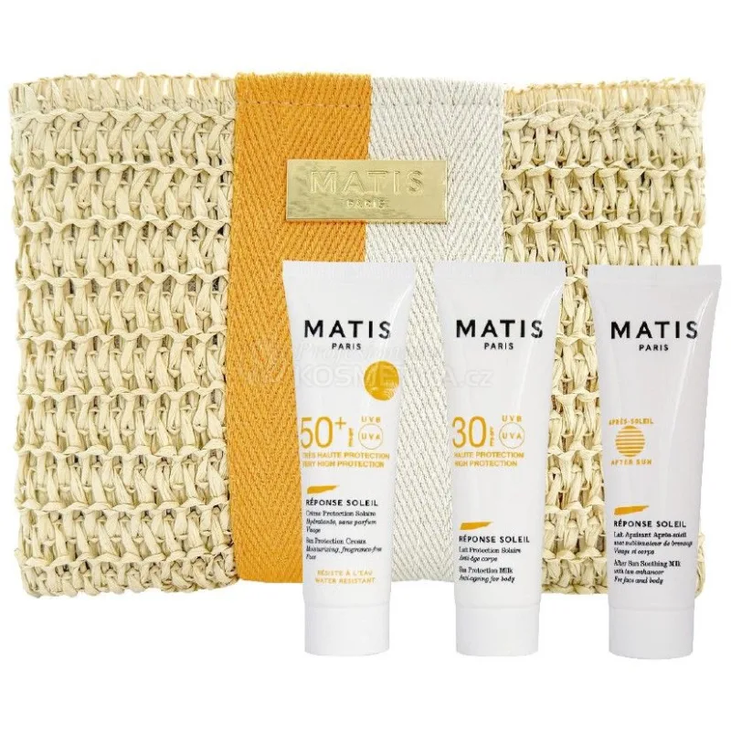 Matis Paris Réponse Soleil Travel Kit - Ochranný pleťový krém SPF 50+ 20ml + Ochranné tělové mléko SPF30 20ml + Zklidňující tělové mléko po opalování