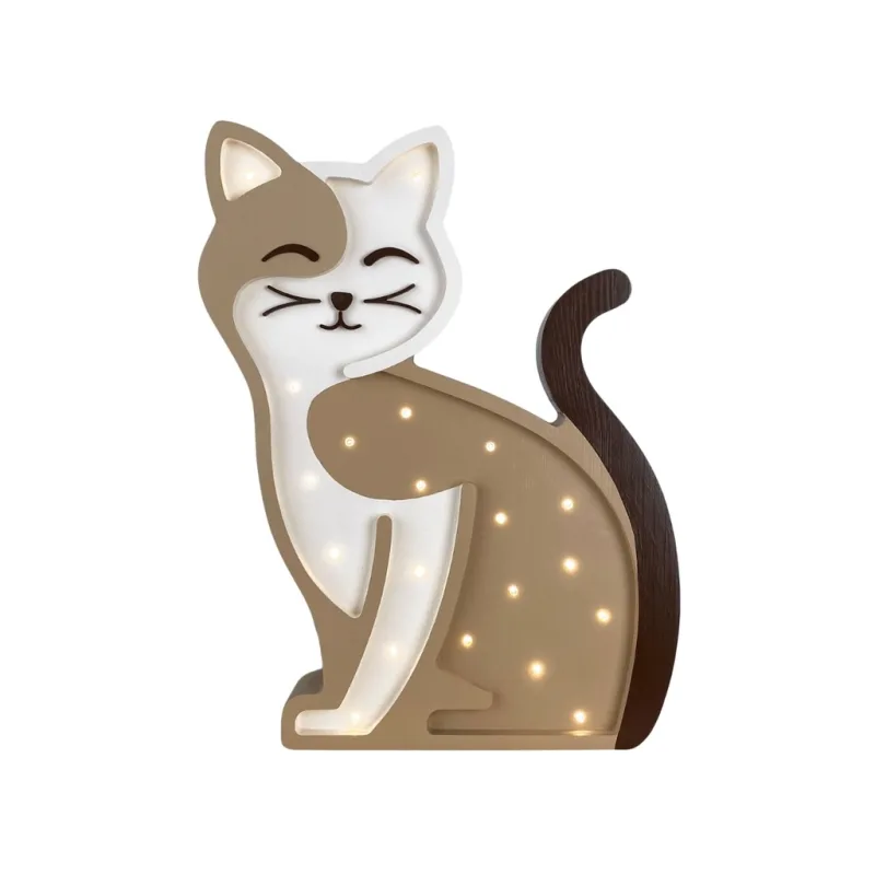 Béžová dřevěná dětská LED lampa Kočka 37 cm