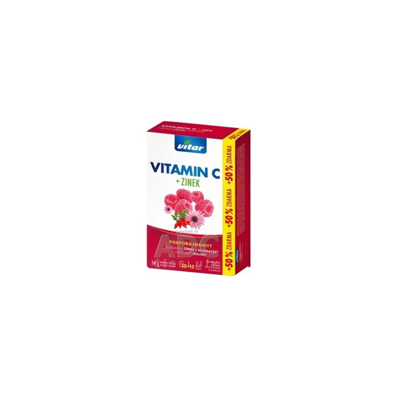 VITAR VITAMÍN C + ZINOK, ECHINACEA A ŠÍPKA tbl oro 30+15 (+50 % zdarma), príchuť malina (45 ks)
