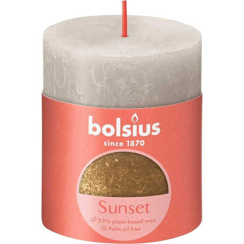 Sviečka Bolsius Rustic, valcová, vianočná, Sunset Sandy Grey+ Gold, 130/68 mm