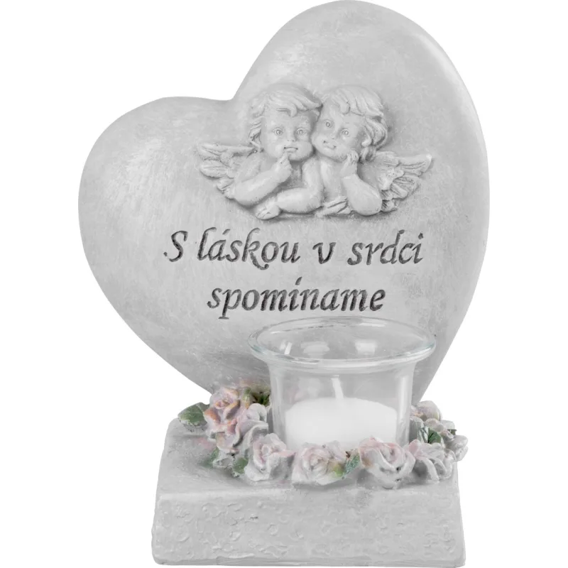 Dekorácia MagicHome, Srdce s anjelikmi, polyresin, na hrob, 15,5x12x17,5 cm