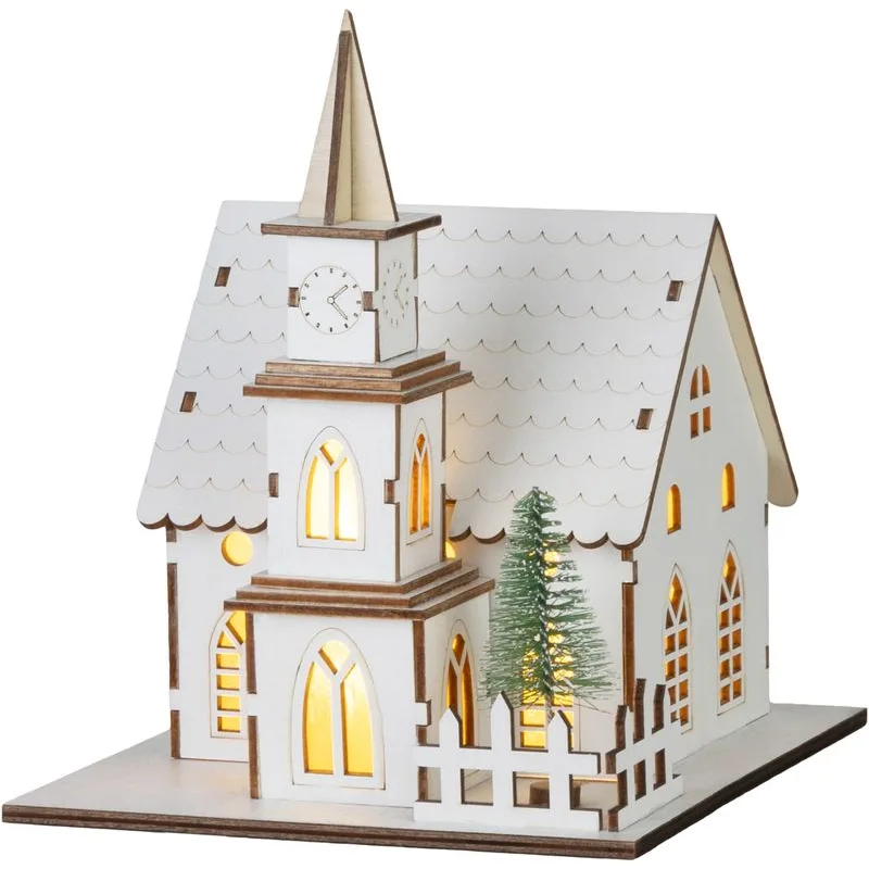 MagicHome Dekorácia Kostol biely 4 LED teplá biela 2xAAA interiér 10x9x17 cm