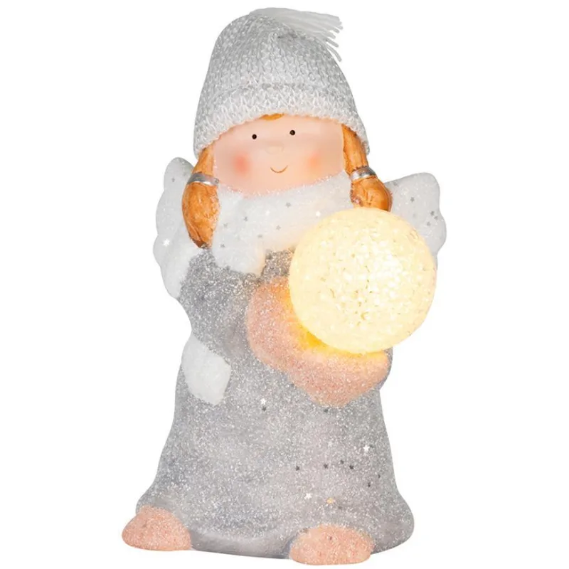 MagicHome Postavička Vianoce Anjel so snehovou guľou LED terakota 13,5x13x20 cm