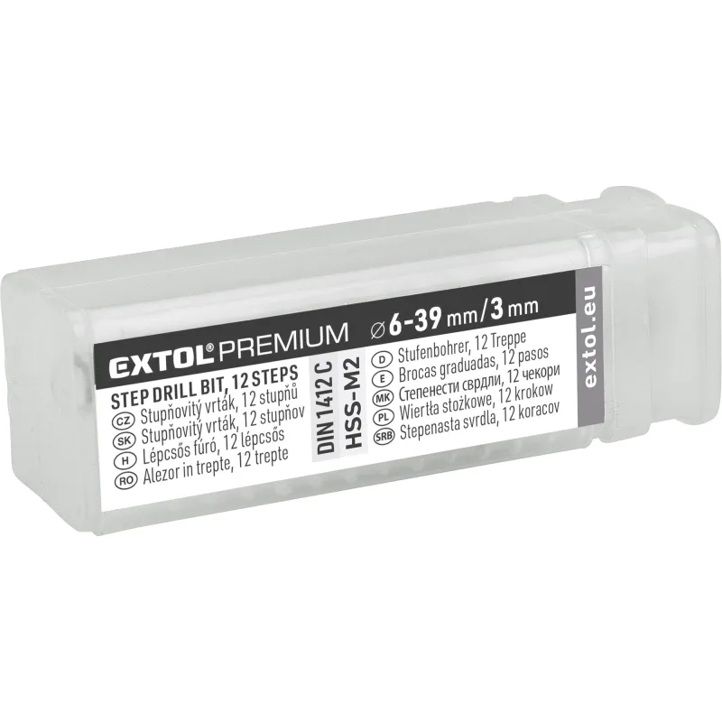 Extol Premium Vrták stupňovitý 6-39mm, stupňovanie 3mm, 12 otvorov, stopka pr.10mm, dĺžka 110mm, HSS, DIN 1412C