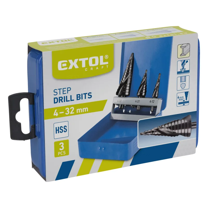 Extol Craft vrtáky stupňovité, sada 3ks, 4-12/1mm, 4-20/2mm, 4-32/2mm, s lamačem třísek a spirálovou