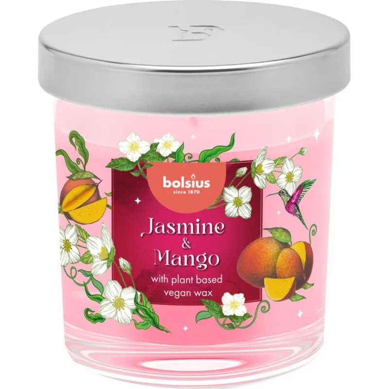 Vonná sviečka Bolsius Floral Fusion, jazmín a mango, 80/72 mm, v skle
