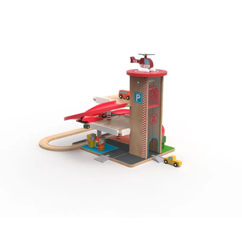 2Kids Toys Drevená garáž s vláčikodráhou