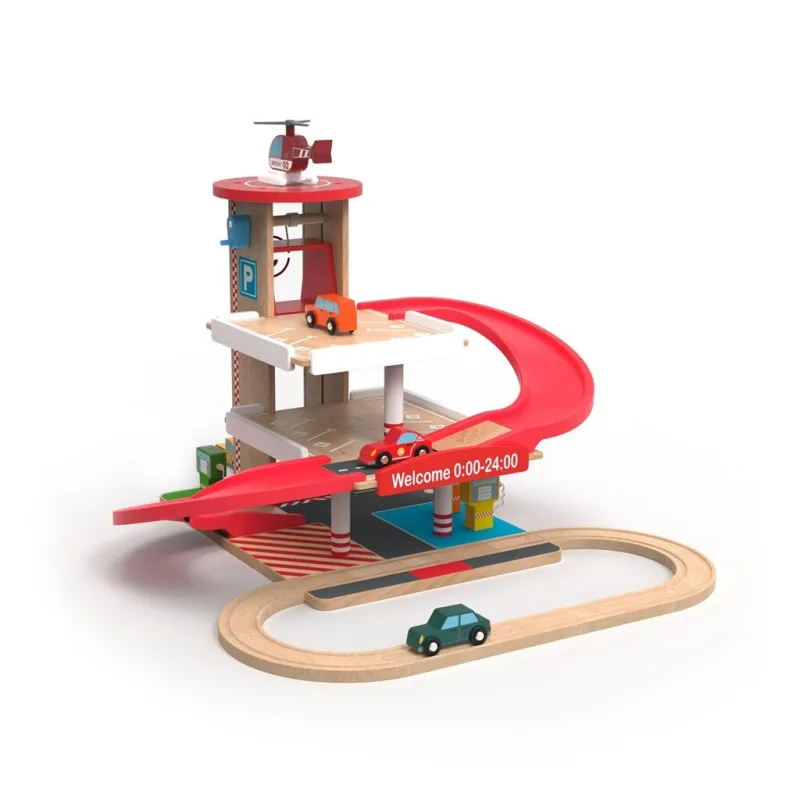2Kids Toys Drevená garáž s vláčikodráhou