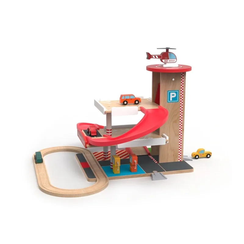 2Kids Toys Drevená garáž s vláčikodráhou