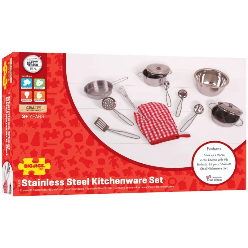 Bigjigs Toys Kuchársky set kovového riadu
