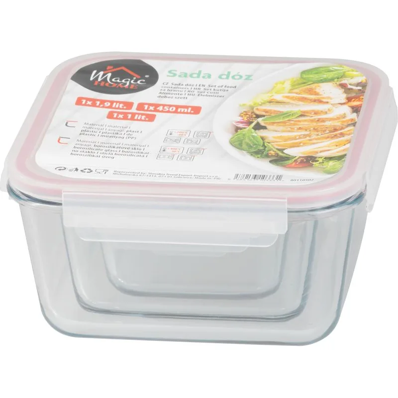 Dózy MagicHome sada 3 ks, sklenené štvorcové, 450/1000/1900 ml