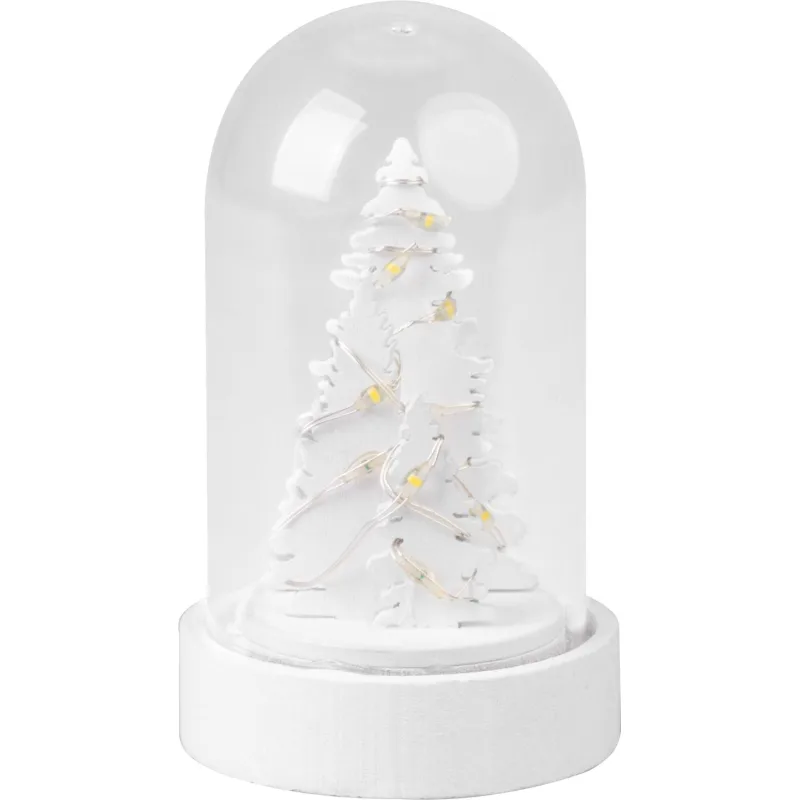 Vianočná dekorácia Biely stromček v kupole, LED, teplá biela, 9 cm