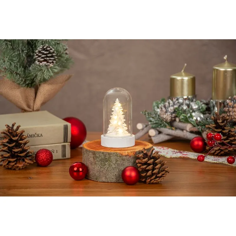 Vianočná dekorácia Biely stromček v kupole, LED, teplá biela, 9 cm