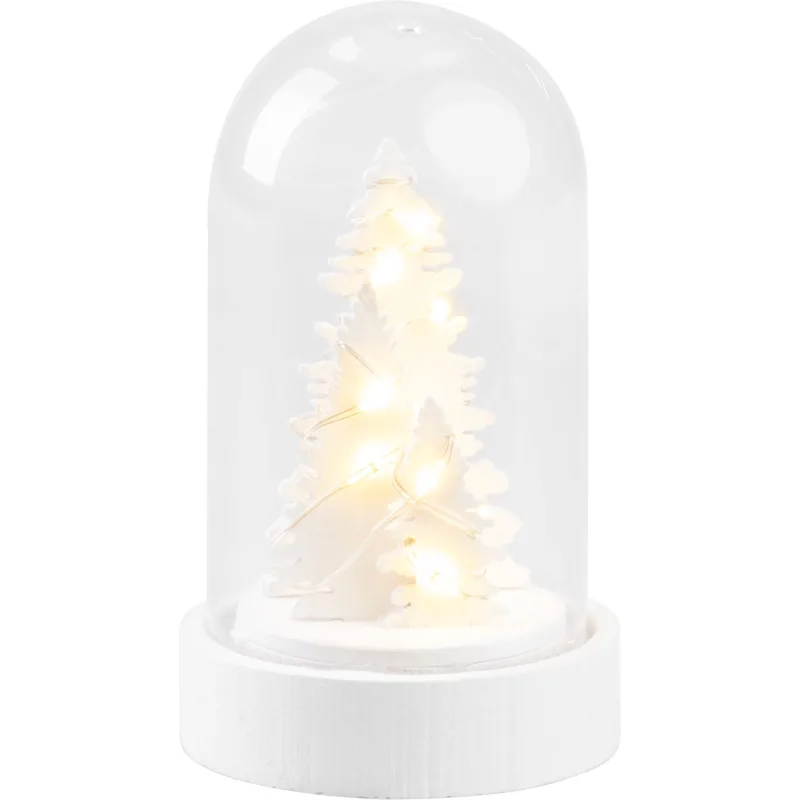 Vianočná dekorácia Biely stromček v kupole, LED, teplá biela, 9 cm