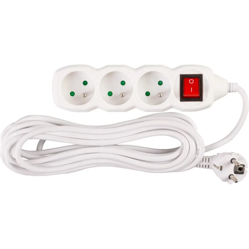 Predlžovací kábel DG-F803BK 5 m, biely, 3 zásuvky + vypínač