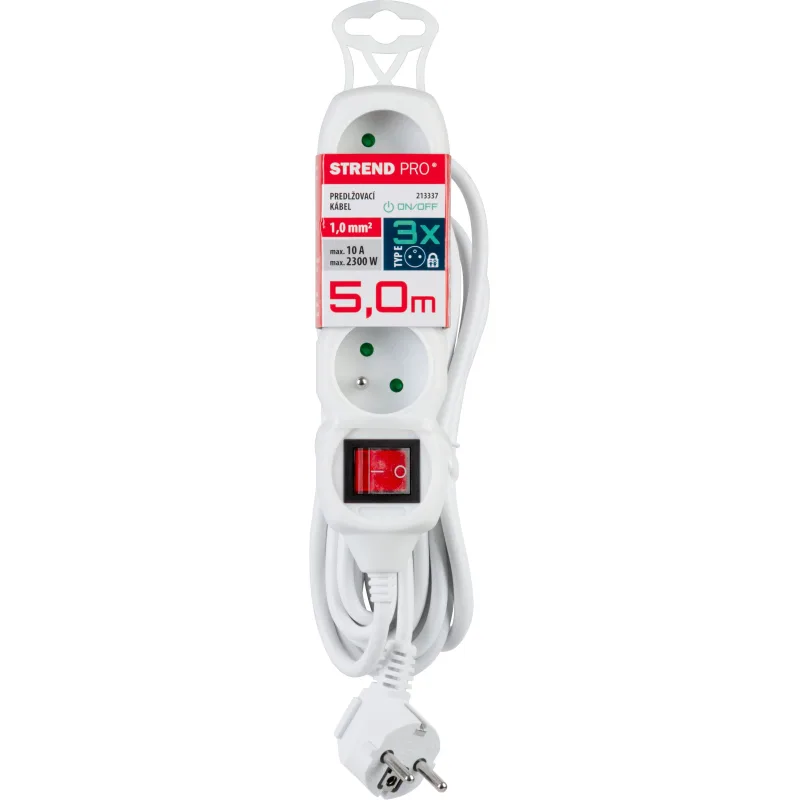 Predlžovací kábel DG-F803BK 5 m, biely, 3 zásuvky + vypínač
