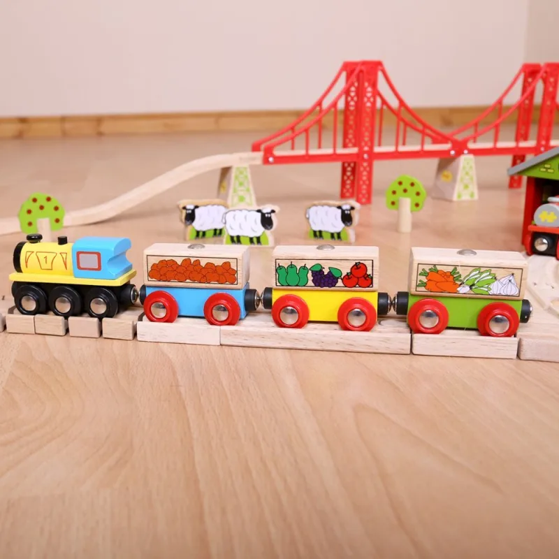 Bigjigs Rail Drevené vláčiky - Nákladný vlak s ovocím a zeleninou