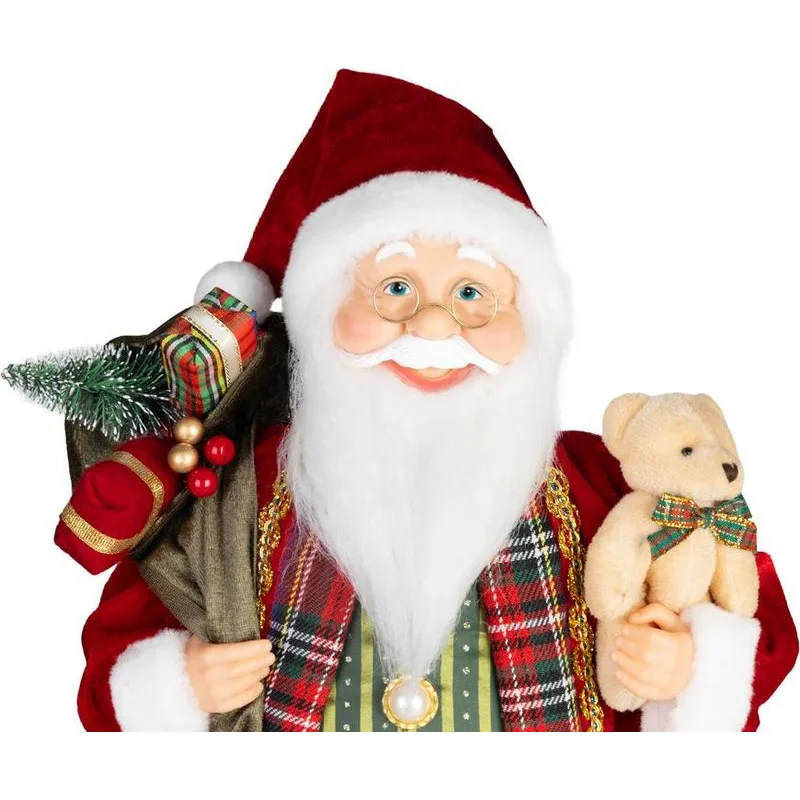 Vianočná dekorácia Santa, s darčekom a medveďom, červený, 60 cm